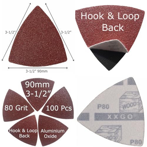 XXGO 100 Pcs 80 Grits 3-1/2 Inch 90mm Triangle Sanding Pads for Multitool - size: 3-1/2 Inch 80 Grit - 100 Pcs