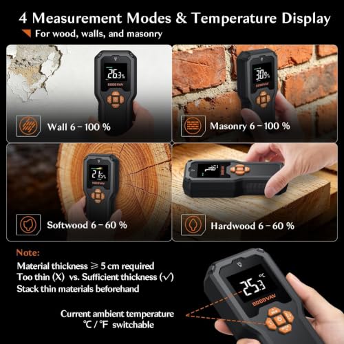 Pinless Moisture Meter with Data Memory & Custom Warning Threshold