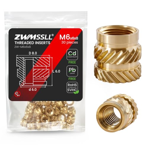 M6 Heat-Set Threaded Inserts, M6x6x8mm(30Pieces) Heat Set Insert for 3D Printing Components and Plastic Parts,Brass Metric Knurled Nuts - size: M6x6x8mm
