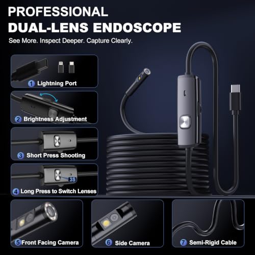 Dual-Lens Endoscope Camera with Light,1920P HD Borescope Inspection Camera