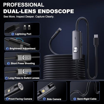Dual-Lens Endoscope Camera with Light,1920P HD Borescope Inspection Camera