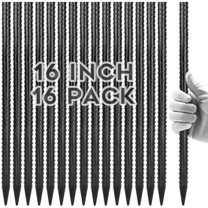 Gbekery Straight Rebar Stakes 16 Inches (16pcs) Heavy Duty Straight Metal Ground Anchors with Chisel Point Ends for Timber,Concrete,Plant Support,Camping Tents,3/8 Inch Thickness Garden Stakes,Black - size: 16 Inch