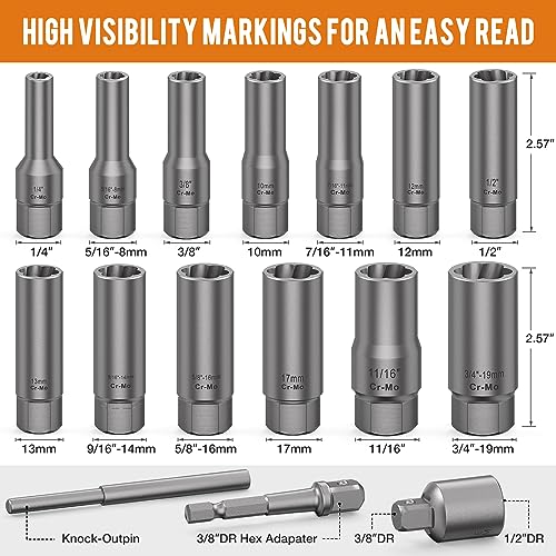 16PCS 3/8" Drive Deep Bolt Socket Extractor Set, Bolt Nut Remover Set - size: 16PCS