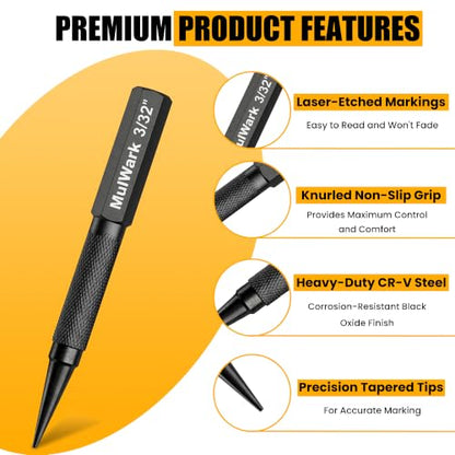 MulWark 4-Piece Nail Set and Center Punch Set, 1/32" to 1/8" Hardened Cr-V Steel Nail Setter Kit with Anti-Slip Knurled Grip, Precision Woodworking & Carpentry Tool Punch Set - size: 5 inch center punch(Pack of 4), style: 5 inch center punch(Pack of 4)