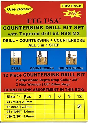 FTG USA 12 Pc #6 (9/64") Tapered Countersink Drill Bit Set with 2 Stops - size: #6, style: Same Sort 12 Pc