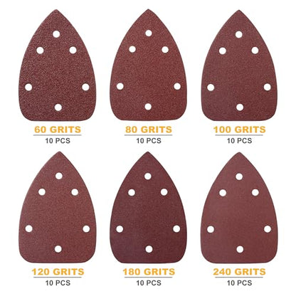 60 PCS Mouse Sander Sandpapers 6 Hole Mouse Sand Paper Detail Sander Sanding Disc Mouse Sander Pads Hook and Loop Triangle Sandpaper (60/80/100/120/180/240) -10 PCS for Each Grit - style: 6 hole 60PCS 10 each of (60/80/100/120/180/240) Grit