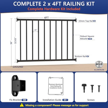 36 in H x 8 ft W Modular Real Aluminum Deck Railing Kit, 2 Panels - color: 4ft Level - 2Pack