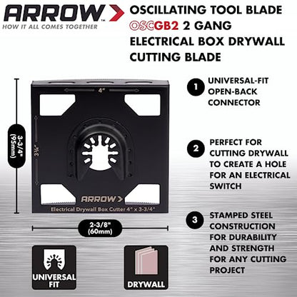 Arrow OSCGB2-1 2 Gang Electrical Box Drywall Cutting Blade for Oscillating Tools, Universal, Fits Most Multitools, Includes Adapter, Makes 4” by 3-3/4” Hole - size: 2-Gang