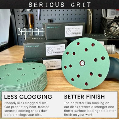 Serious Grit - 6-Inch 6-Hole Sanding Discs - P80-220 Assortment - 10 Pack - size: 6-Inch 15-Hole