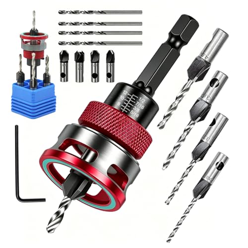Countersink Drill Bits Set, 4PCS 4-Flute HSS M2 Bits with Depth Stop - color: Red