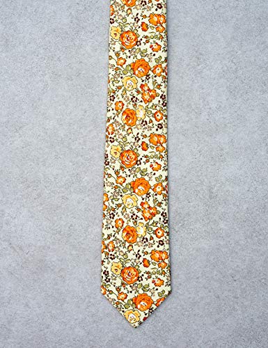 Cotton 2.5-Inch Skinny Floral Tie and Pocket Square Set for Men - color: Beige Orange