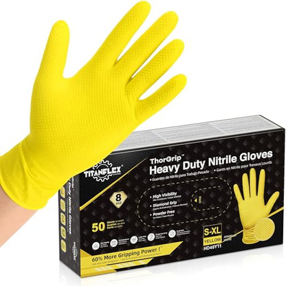 TitanFlex Heavy Duty Industrial Nitrile Gloves with Raised Diamond Texture, 8-mil, Latex Free (Green/Dark Green/Yellow) - color: 07 Yellow (50ct), size: Medium