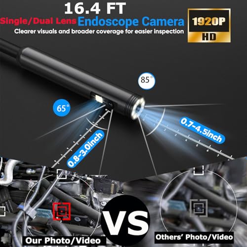 Endoscope Camera with Light, 1920P HD Dual Lens Borescope Camera with 16.4FT Semi-Rigid Snake Cable, 9 LED Lights IP67 Waterproof Inspection Camera for iPhone Android - style: Dual-Lens