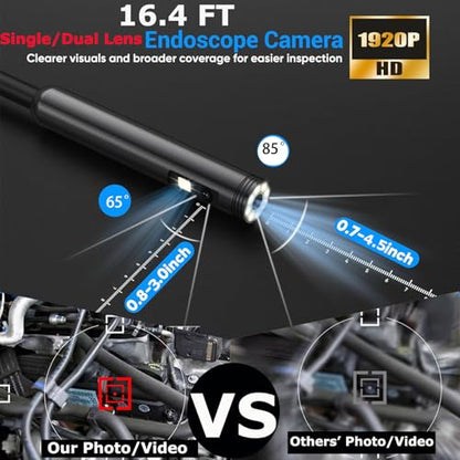 Endoscope Camera with Light, 1920P HD Dual Lens Borescope Camera with 16.4FT Semi-Rigid Snake Cable, 9 LED Lights IP67 Waterproof Inspection Camera for iPhone Android - style: Dual-Lens