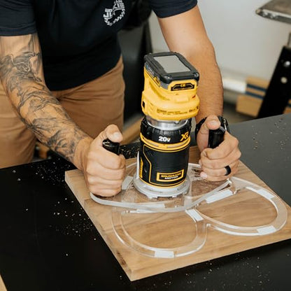 WOOD GRAIN JUNKIE® TrimFit Pro® Dual Grip Router Base Plate Compatible with DeWalt DWP611 & DCW600B, 6”x10” Clear Acrylic Base with Handles, Fits Standard Guide Bushings, Made in USA