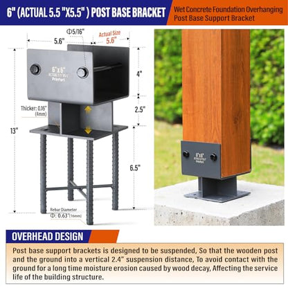 Stainless Steel 6"x6"(Actual 5.5"x5.5") Post Base Bracket Concrete, Wet Set Concrete Post Anchor Bracket Heavy Duty 1Pack - size: 6"-Wet Set