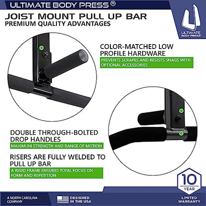 Joist Mount Pull Up Bar with Extra Hardware and Mounting Template for Easy Install to Beam or Rafter by Ultimate Body Press - color: Black