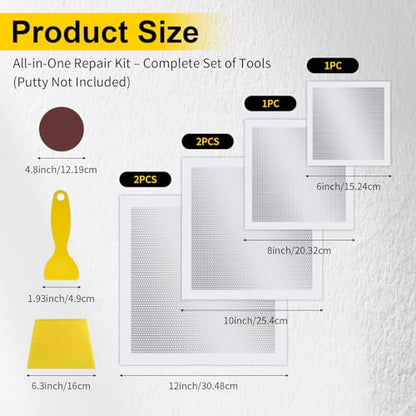 6/8/10/12 Inch Drywall Repair Kit, 6PCS Heavy Duty Self-Adhesive Mesh Patch Kit for Large Holes - Includes Scraper & Sandpapers, Ideal for Drywall, Sheetrock, Wall and Ceiling Repairs