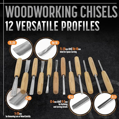 Schaaf Wood Carving Tools 12-pc Wood Chisel Set with Gouges, Cr-V 60 Steel - color: 12 Piece Set