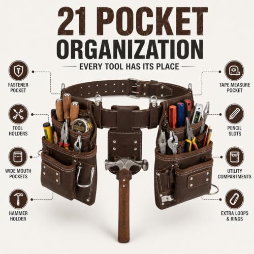 Carpenter Tool Belt with 21 Pocket Tool Pouches | dark brown - color: Dark Brown