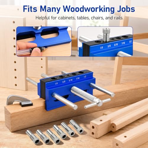 Self Centering Dowel Jig, Woodworking Drill Guide Locator with 6 Drill Sleeves, Hex Wrench, Manual for Precise Dowel Joints