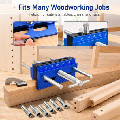 Self Centering Dowel Jig, Woodworking Drill Guide Locator with 6 Drill Sleeves, Hex Wrench, Manual for Precise Dowel Joints
