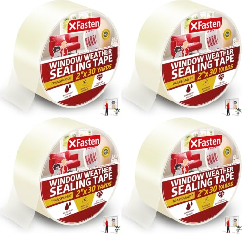 XFasten Transparent Window Weather Sealing Tape, 2-Inch x 30 Yards (50.8mm x 27.43m), Clear Window Draft Isolation Sealing Film Tape, No Residue (Pack of 4) - size: 2" x 30Yds (Pack of 4)