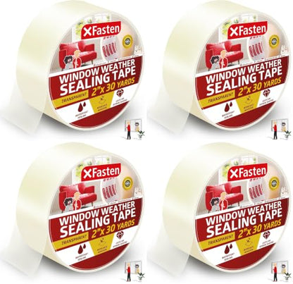 XFasten Transparent Window Weather Sealing Tape, 2-Inch x 30 Yards (50.8mm x 27.43m), Clear Window Draft Isolation Sealing Film Tape, No Residue (Pack of 4) - size: 2" x 30Yds (Pack of 4)