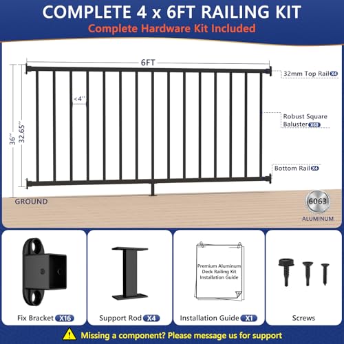 36 in H x 24 ft W Modular Real Aluminum Deck Railing Kit, 4 Panels - color: 6ft Level - 4Pack
