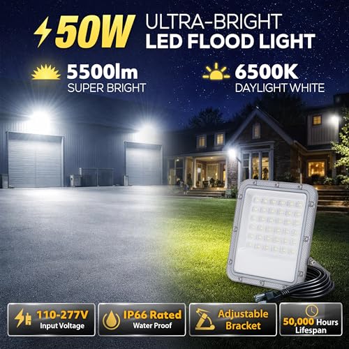 50W LED Flood Light Outdoor, 110-277V Commercial & Residential LED Lights IP66 Waterproof, 6500K Daylight White, 5500LM, Energy Efficient Flood Outdoor Lights, Plug-in LED Flood Lights, 2 Pack - size: 50W-2Pcs