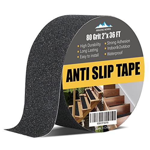 Grip Tape - Heavy Duty Anti Slip Tape, Grip Tape Grit Non Slip for Stairs Outdoor/Indoor, Waterproof High Traction Stairs Non Skid Treads, Durable Triple Layer Adhesive - Black (2 Inch x 36 Feet) - size: 2 Inch x 36 Feet