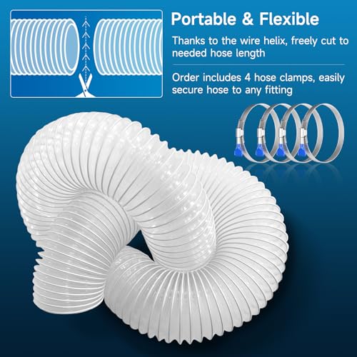 Hon&Guan 2 1/2" x 10' Dust Collection Hose, 2.5 Inch Flexible Clear PVC Dust Collector Hose with Carbon Steel Wire Woodworking Dust Collecting System, Includes 4 Hose Clamps - size: 2 1/2" x 10'