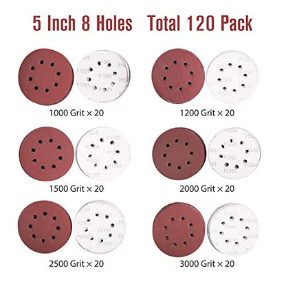 120-Pack 5 Inch 8 Hole Sanding Disc, 1000-3000 Grit Ultra Fine Sandpaper - style: 120PCS(1000-3000 Grit)