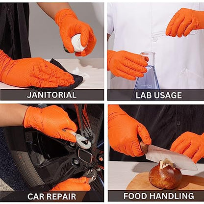 Industrial Nitrile Gloves – Heavy Duty Latex & Powder Free Disposable Gloves with Diamond Texture - color: Orange, size: Small (Pack of 300)