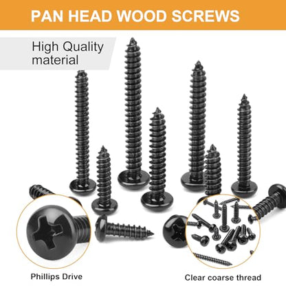 VIGRUE 410Pcs Stainless Steel Black Wood Screws Set #4#6#8#10 Phillips Pan Head Sheet Metal Screws Self Tapping Wood Screws Assortment Kit, Length 1/4" to 1-1/2" - size: 410PCS #4#6#8#10 Stainless Steel Black Pan Head