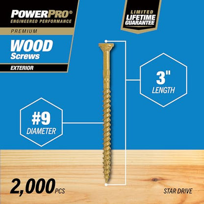 Power Pro Exterior Wood Screws, #9 x 3in Flat Head, 2000 Pieces, Bronze - color: Bronze, size: #9 x 3"