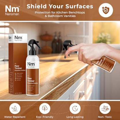 Nanoman Timber & Wood Water Repellent Sealer, 250mL – Invisible Waterproofing & Stain Protection for Raw Wood, Furniture, Benchtops, Vanities, Indoor & Outdoor