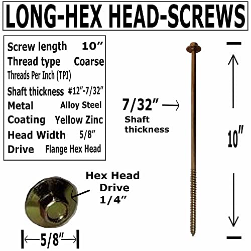 BRAUNY BOY - #12 x 10”- Extra Long Structural Lag Heavy Duty Construction Wood Screw – Yellow Zinc Corrosion Resistant Coating Exterior Timber, Landscape - Easy HEX HEAD DRIVE – Flange Head 10 in (40)