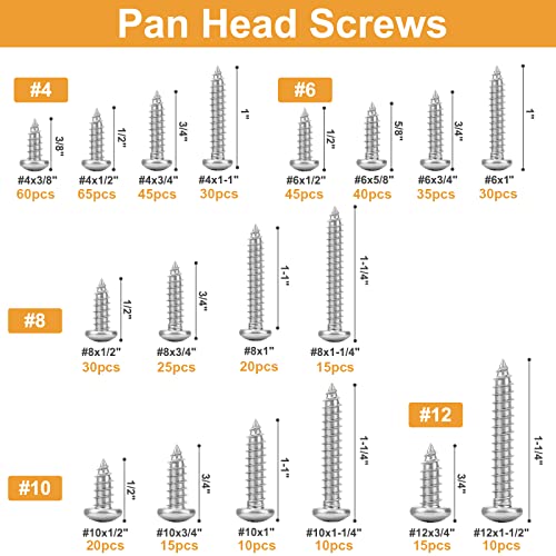 VIGRUE 510Pcs Stainless Steel Wood Screws Assortment Kit, #4#6#8#10#12 Phillips Pan Head Sheet Metal Screws Self Tapping Screws Set,Length 3/8" to 1-1/2" - size: 510Pcs Pan Head #4#6#8#10#12