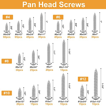 VIGRUE 510Pcs Stainless Steel Wood Screws Assortment Kit, #4#6#8#10#12 Phillips Pan Head Sheet Metal Screws Self Tapping Screws Set,Length 3/8" to 1-1/2" - size: 510Pcs Pan Head #4#6#8#10#12