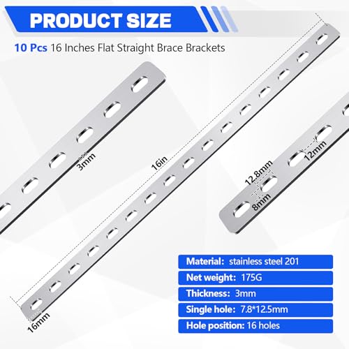Zonon 10 Pcs 16 Inches Flat Straight Brace Brackets Adjustable 201 Stainless Steel Mending Plate 408mm/16 '' Length 16 Screw Hole Straight Bracket, 2.8 mm Thickness, Slot for 5/16" Screw (Silver) - color: Silver
