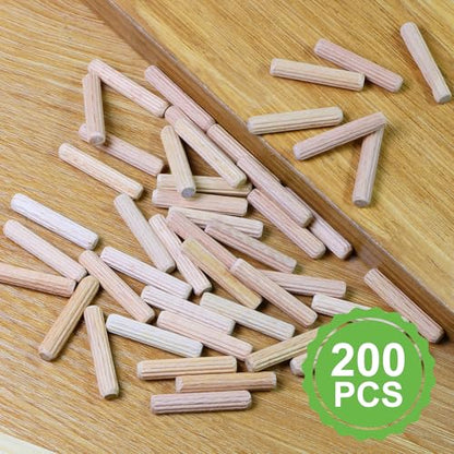 1/4" x 1-1/4" Wooden Dowel Pins, FoDau770 Fluted Wood Dowel Rods, Natural Beech Wood Dowel Pegs for Crafts, Woodworking, DIY Furniture - 200 Pieces - size: 1/4" x 1-1/4"