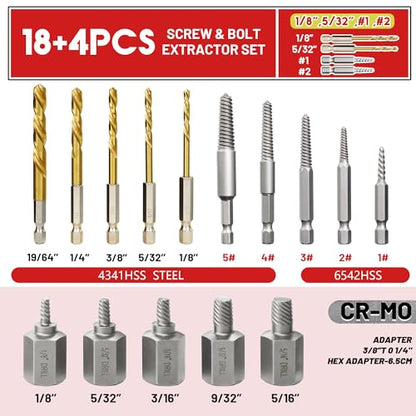 22Pcs Screw Extractor Set Left Hand Drill Bit Set with Hex Adapter - size: 22Pcs
