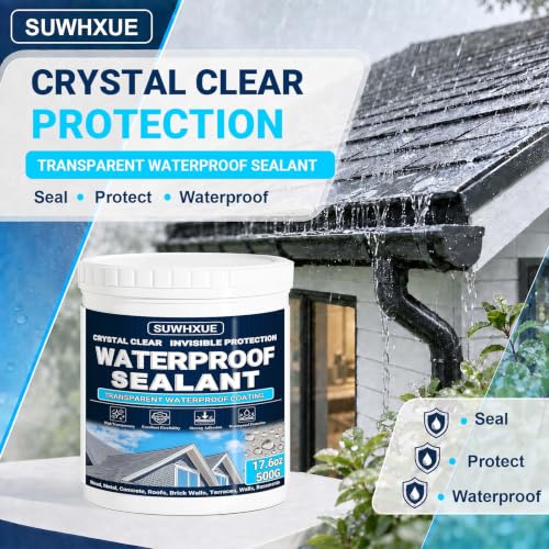 Clear Waterproof Sealant, SUWHXUE 17.6oz/500G Water-Based Transparent Waterproof Leak Repair Coating, Invisible Flexible Sealant for Concrete Walls Wood Metal Roof Water Sealer Indoor & Outdoor - size: 17.6 Oz