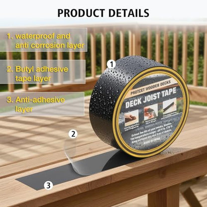 Joist Tape for Decking 2" x 50', Waterproof Tenacious Tape for Joist Protection, Butyl Sealant Tape for Deck Framing, Wood Joists, Beams, and Outdoor Structures, Heavy-Duty Adhesive Backing - size: 2" x 50ft