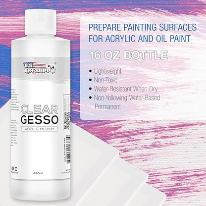 U.S. Art Supply Clear Gesso Primer (16oz) for Oil & Acrylic Painting - color: Clear