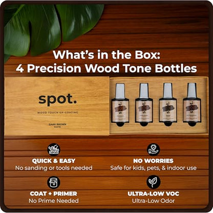 Dark Brown Wood Stain Repair Kit, Brush-On Touch-Up Stain Bottles, Provincial, Dark Walnut, Ebony, Red Mahogany, Interior and Exterior Wood, 4 fl oz Total by spot. - color: Dark Brown