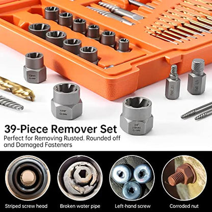 XEWEA 39PCS Screw & Bolt Socket Extractor Set with Left Hand Drill Bit Set - color: 39pcs