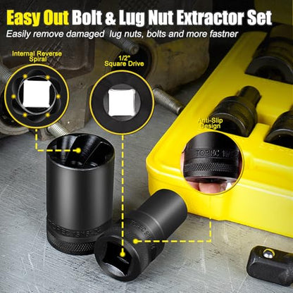 Topec 17Pcs Lug Nut Extractor Set, 1/2" Drive Locking Lug Nut Removal Tool, 8-27mm Wheel Lock Removal Kit, Deep Bolt Extractor Socket Set for Stripped, Broken, Rounded Bolts - size: 17 PCS