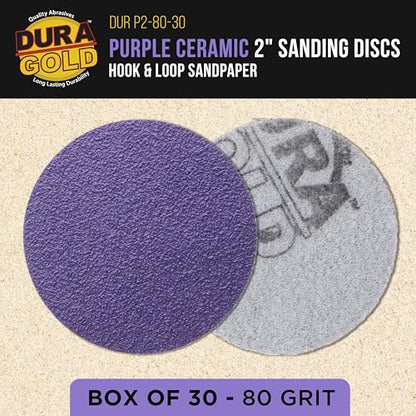 Dura-Gold Premium 80 Grit 2" Purple Film Ceramic Sanding Discs, Box of 30 - style: 80 Grit
